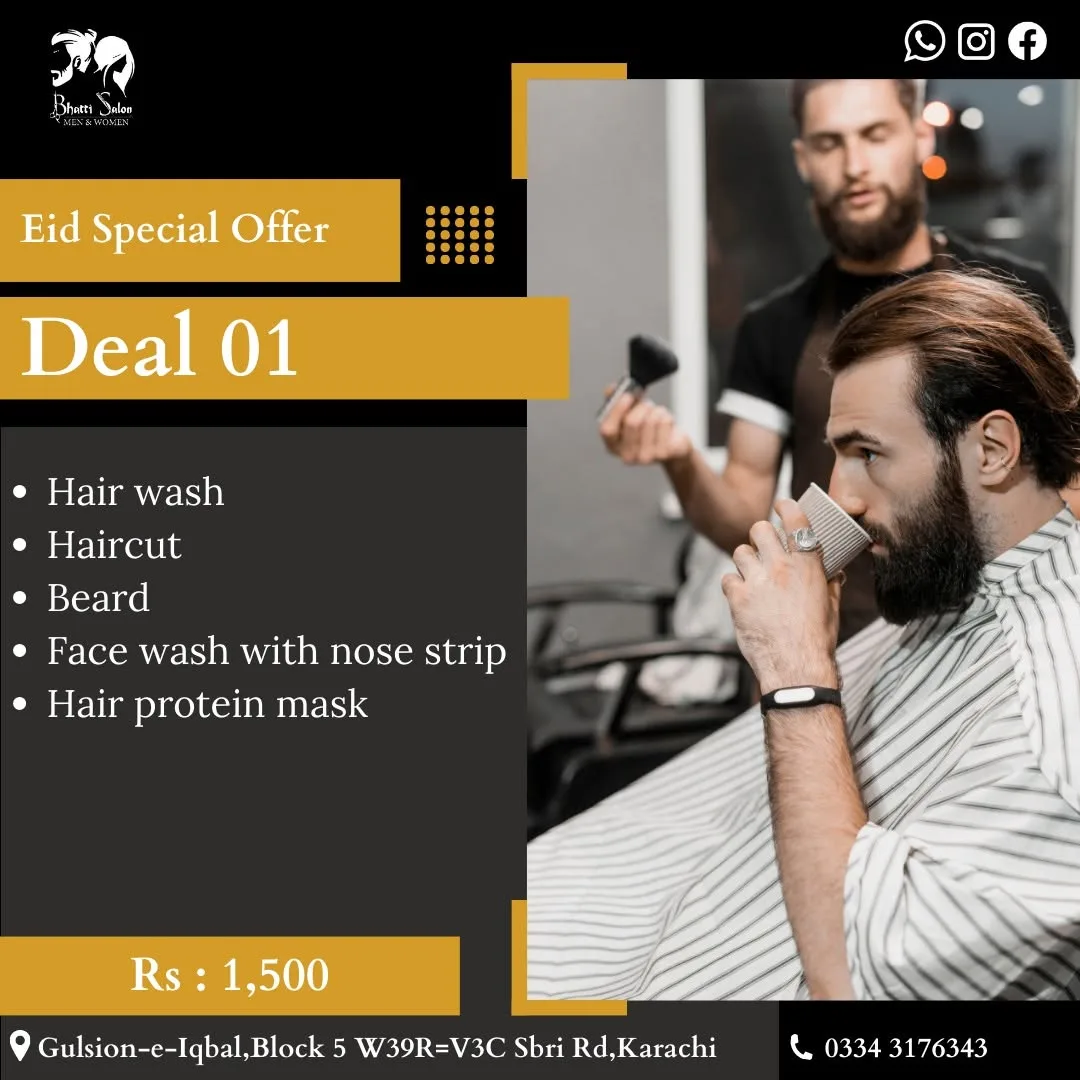 Eid Special Offer Deal 01: hair wash, haircut, beard, face wash with nose strip, hair protein mask — Rs. 1,500